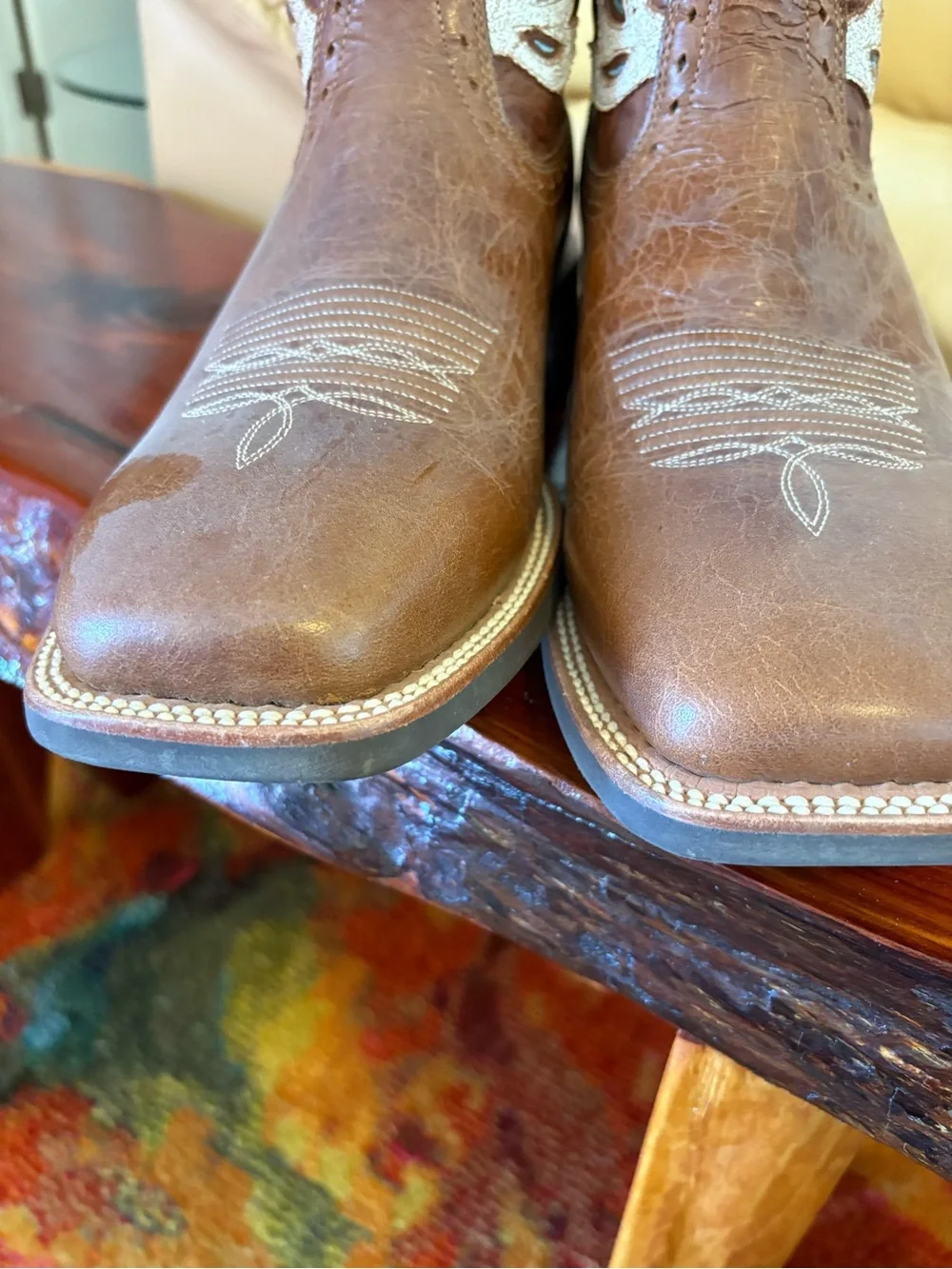 Brown Western Cowboy Boots with White & Turquoise Stitching